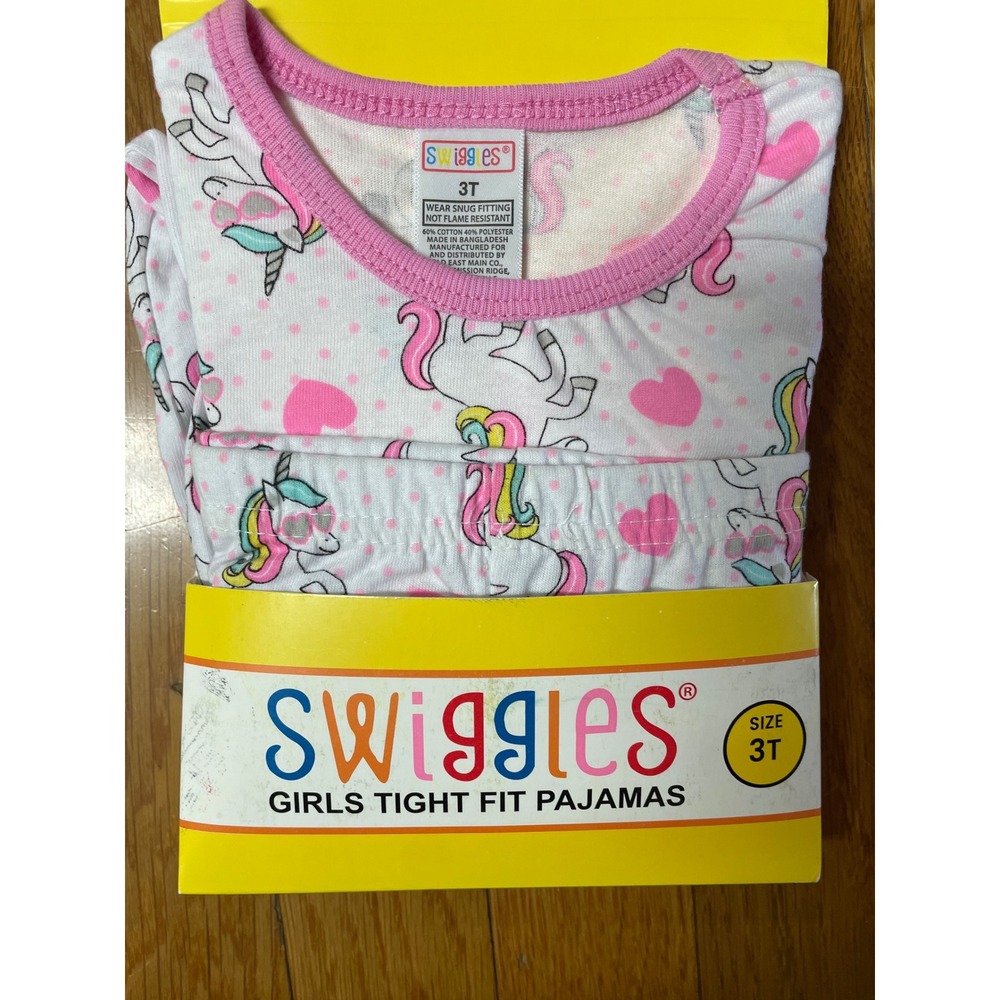 Swiggles Girls Unicorn Heart Tight‎ Fit Pajamas Set Pink White 3T New